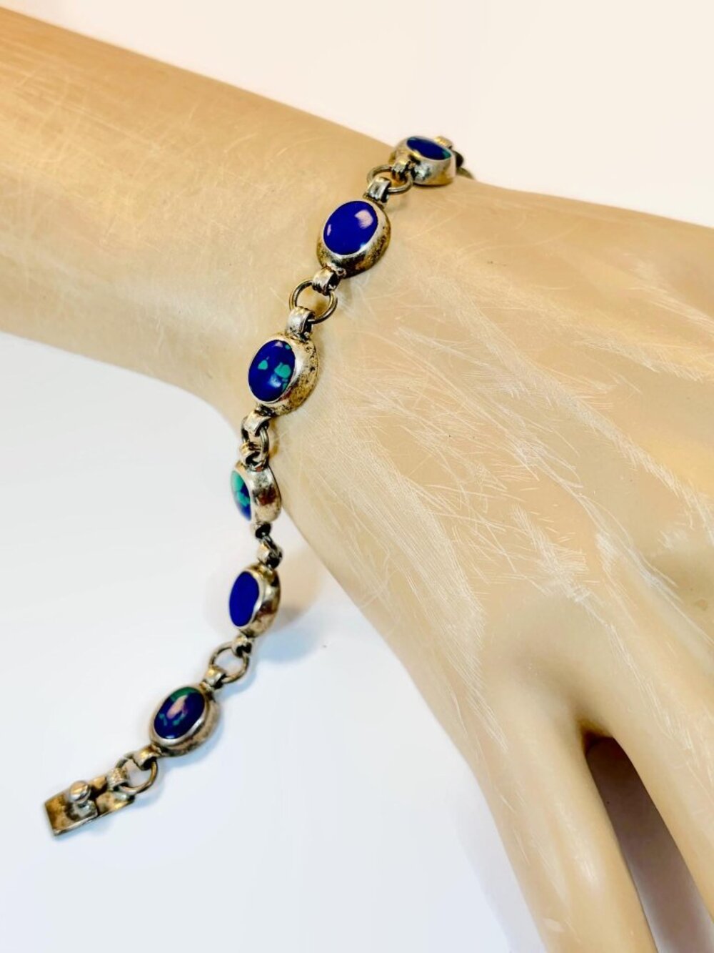 Azurite Malachite Bracelet, Sterling Silver, Vintage Bracelet, Blue, Green